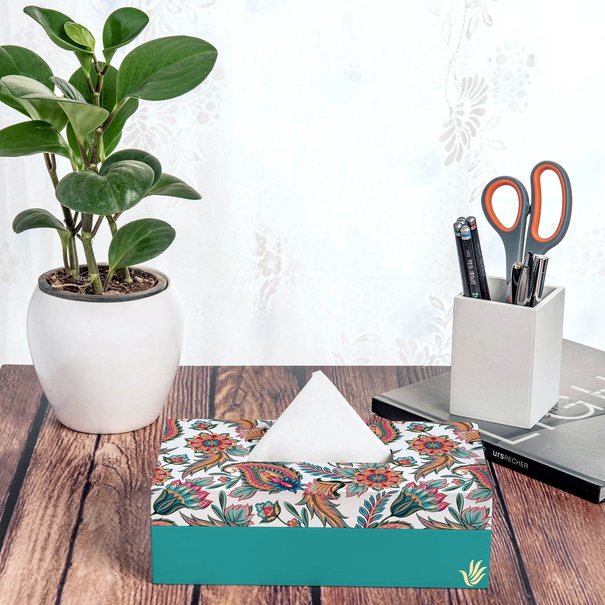 Oriental Paisley White Tissue Box 9" x 5" x 2.75" Ht. - Lifestyle Image