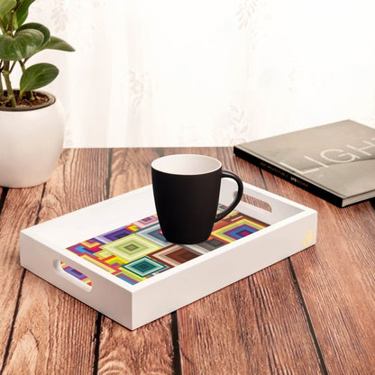 Colourful Squares Serving Tray with Cutout Handles (Wood) 8" x 12" Lifestyle Image