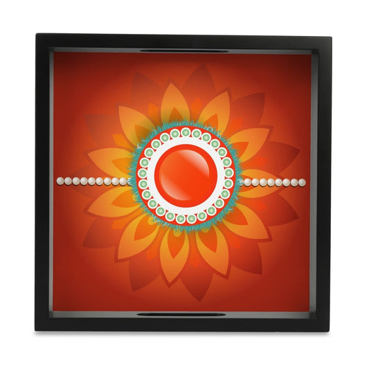 Rakhi Pearls Orange Serving Tray with Cutout Handles (Wood) 9" x 9" 